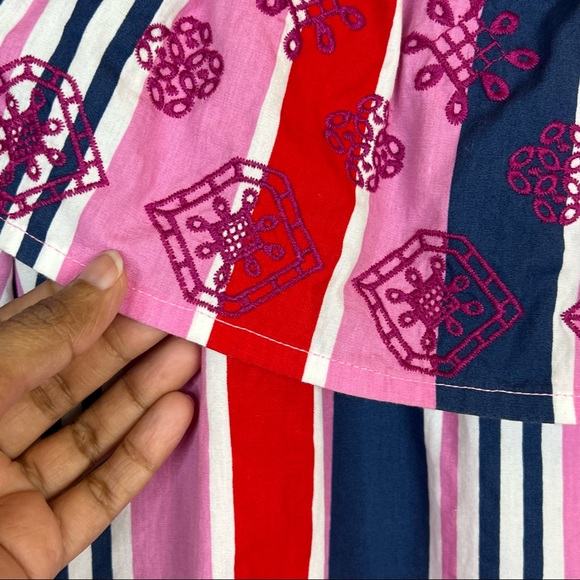 EUC ASOS Pink Multi Striped Off Shoulder Eyelet Dress - Picture 9 of 11